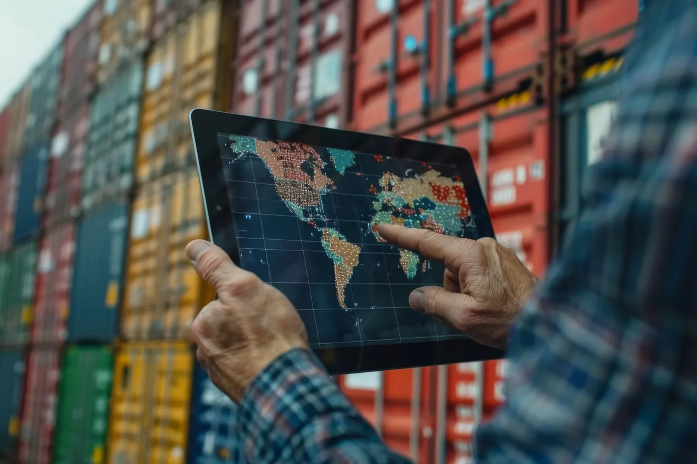 Hands holding a tablet with a world map in front of stacked shipping containers